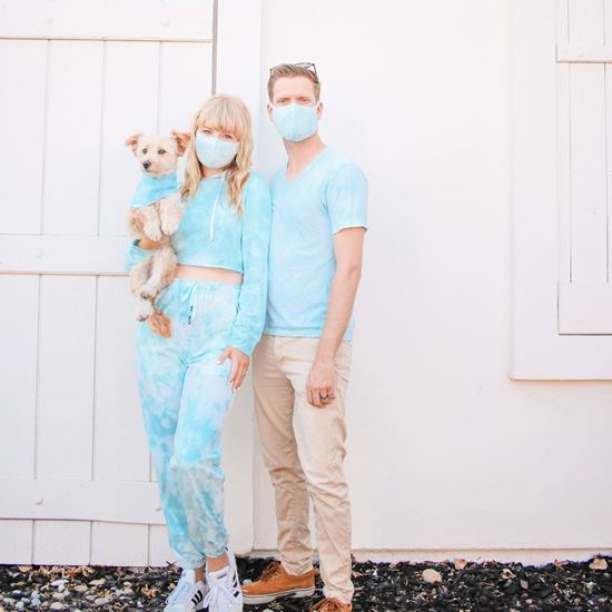 Couple and dog wearing  Blue tie dye Clothes'