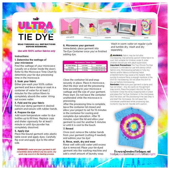 Ultra Bright Tie Dye 30-Pc. Kit instruction sheet