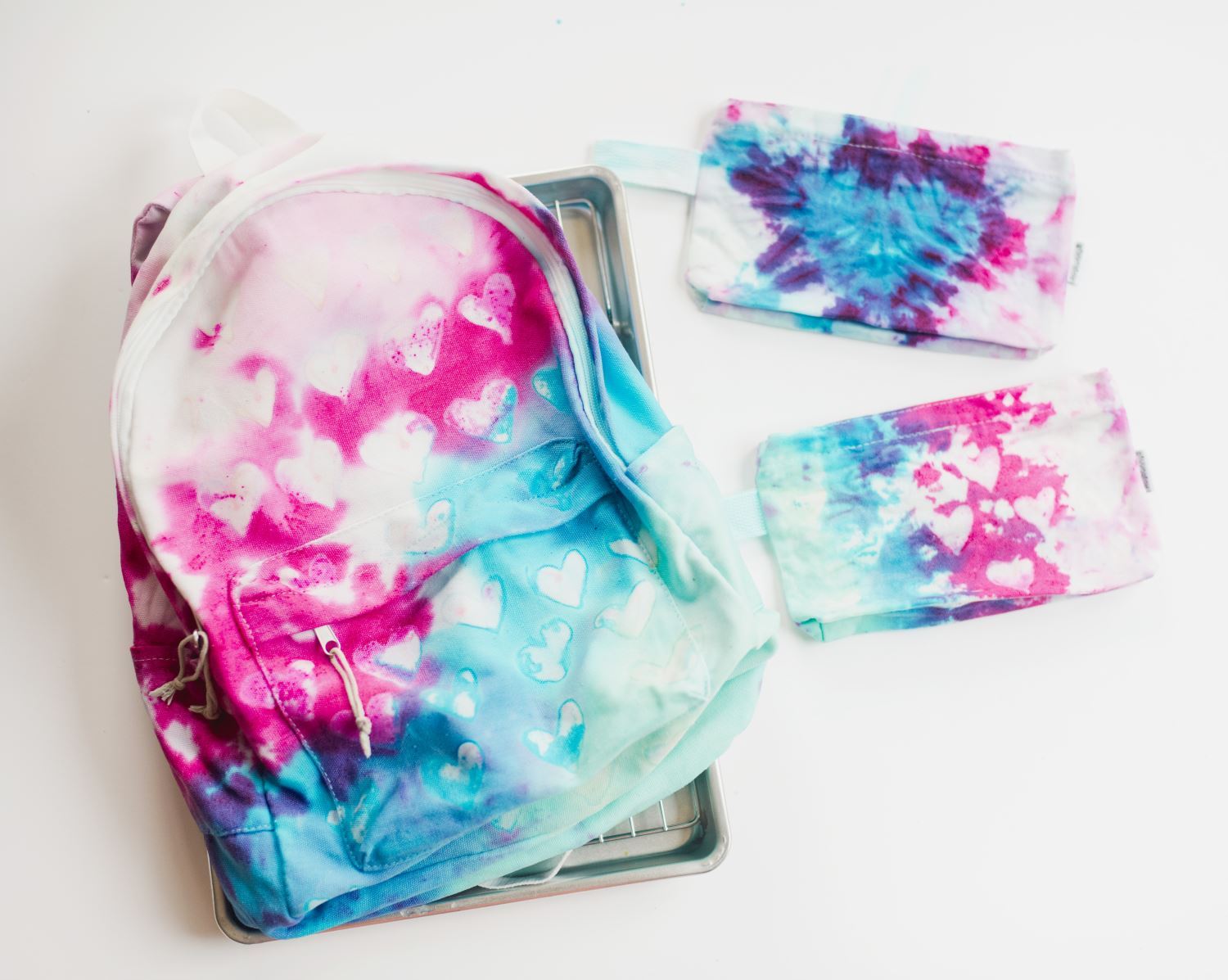 Hearts Tie-Dye Backpack and Pencil Cases