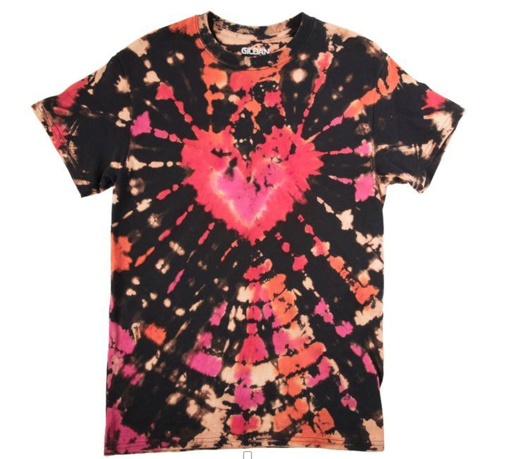 Reverse tie dye heart pattern