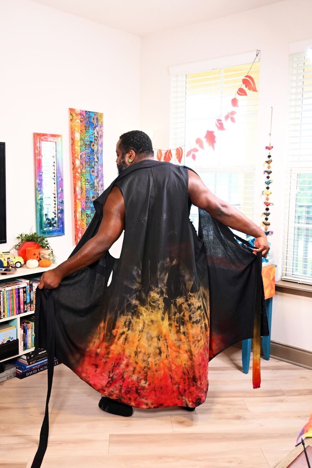 Flame pattern cloak with reverse tie dye