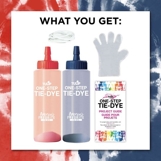 Tulip® One-Step Tie Dye Mini Kit Patriot - What you get - 2 bottles of dye (one blue and one red) gloves and instruction sheet