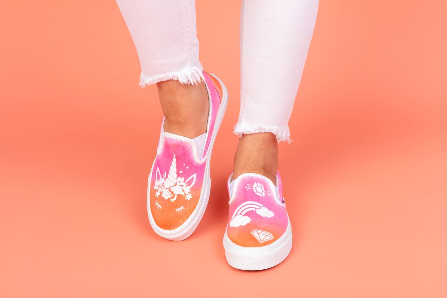 Pink and orange ombré tie-dye shoes with embellishments